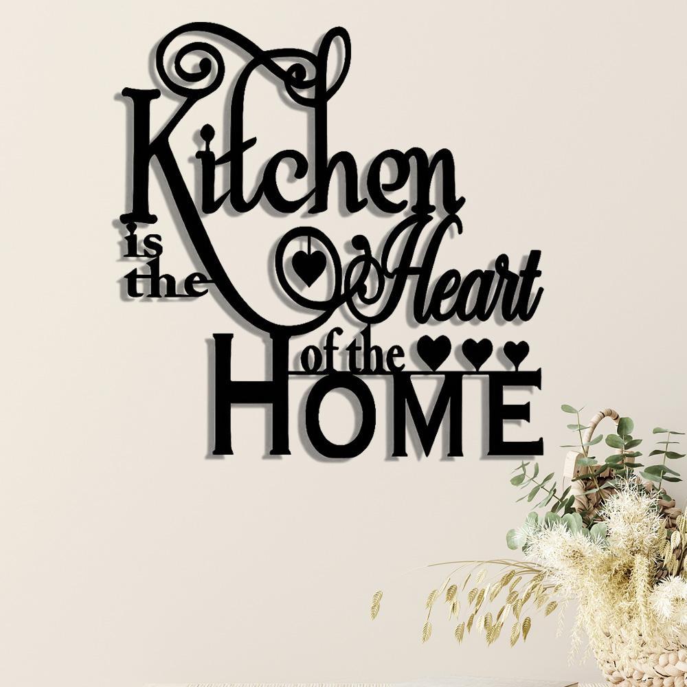 2D Flat, 1pc "Kitchen is the Heart of the Home" Metal Wall Decor - Elegant Script Kitchen Sign with Heart Accents - Durable Metal Art Plaque for Home, Cafe, Restaurant, Bar - Housewarming Gift for Cooks & Home Decorators, Caf