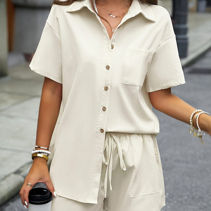 Solid Two-piece Set, Elegant Button Front Shirt & Drawstring Shorts Outfits, Women's Clothing