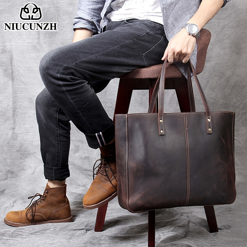 NIUCUNZH Men's Vintage Genuine Leather Tote Bag, Top Layer Cowhide, Large Capacity Shoulder Bag for Going Out, Briefcase Style Handbag, Maintenance Free