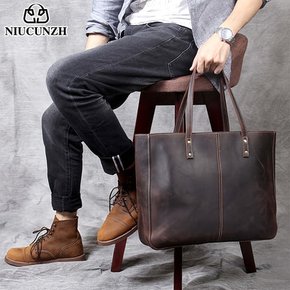 NIUCUNZH Men's Vintage Genuine Leather Tote Bag, Top Layer Cowhide, Large Capacity Shoulder Bag for Going Out, Briefcase Style Handbag, Maintenance Free
