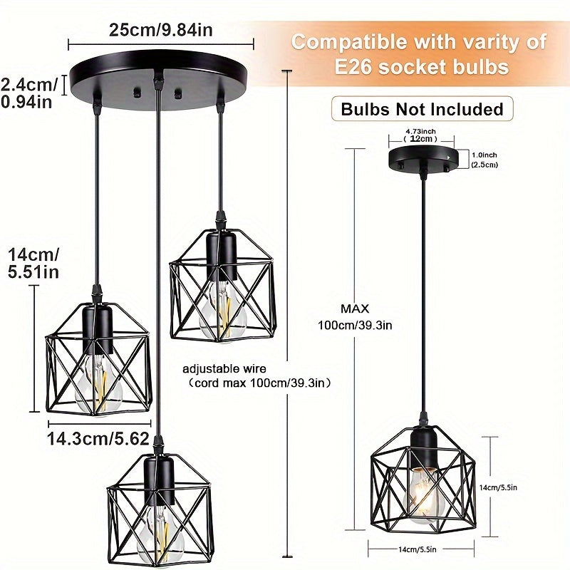 1pc 1/3 Heads Industrial Pendant, Adjustable Hanging Light Fixture, Vintage Farmhouse Pendant Light, With Metal Caged E26 Base, For Kitchen Island Dining Room Living Room