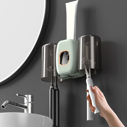 1pc Automatic Toothpaste Dispenser & Brush Holder, Toothbrush Holders With Automatic Toothpaste Squeezer Device For Bathrooms, Toothbrush Organizer With Cup, Wall Mounted Shower Room Decor Set