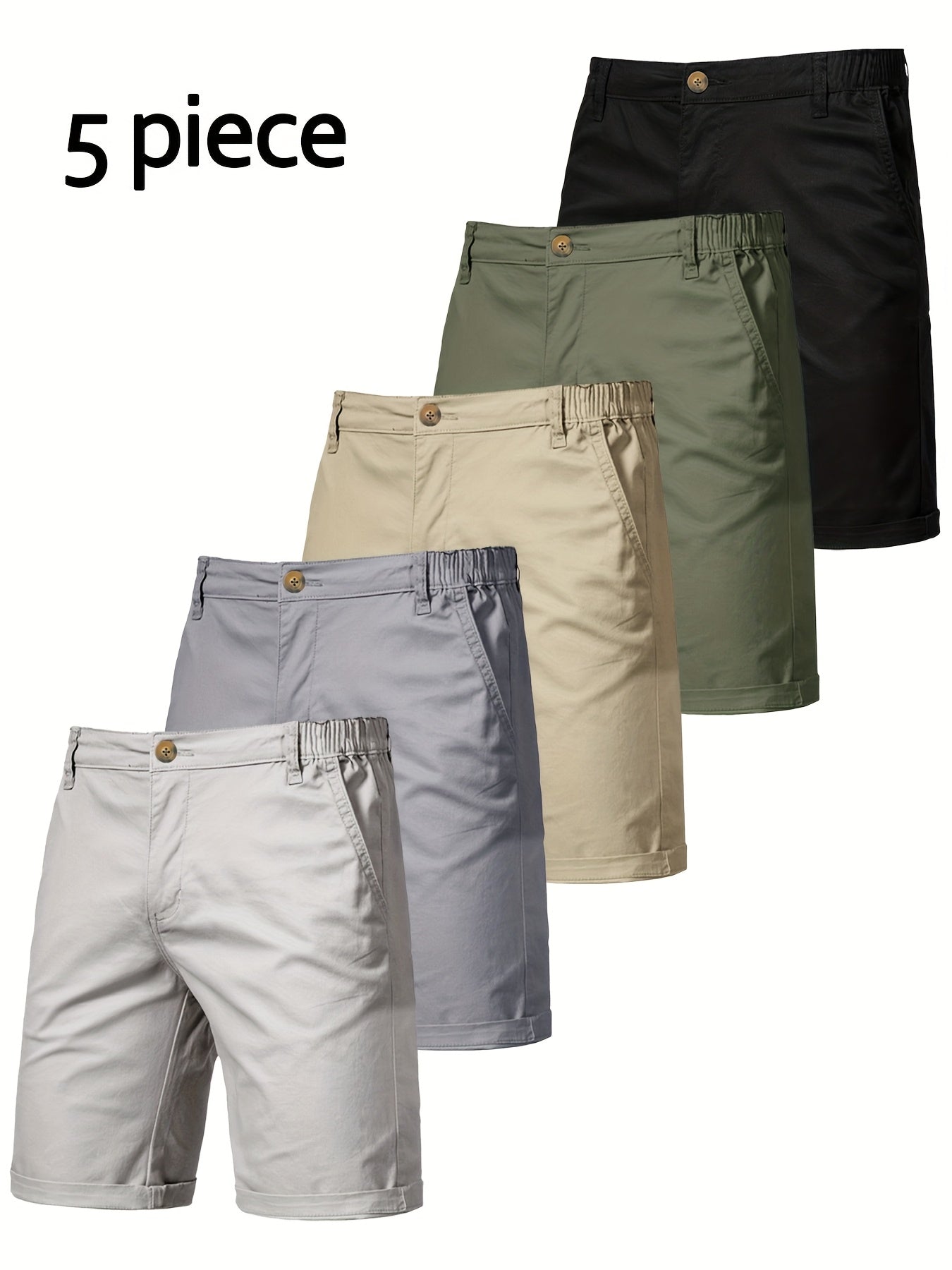 5pcs Men's Formal & Casual Shorts - Multi-Color Business, Streetwear, Beach Pants - Zipper Closure & Belt Loop - Non-Stretch Fabric for Office, Travel, Gym, Vacation - Machine Washable - (Black/Gray/Beige/Olive Green/), Versa
