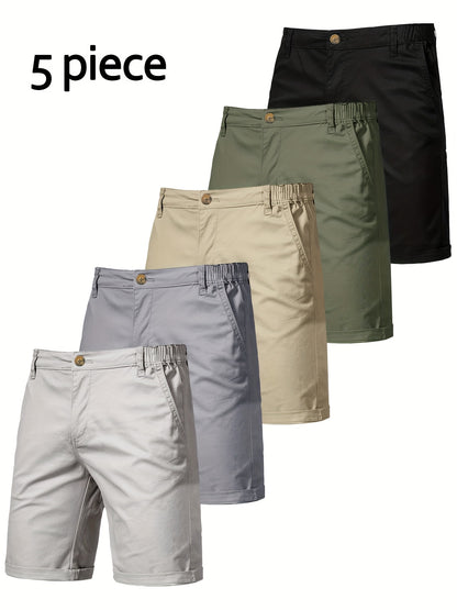 5pcs Men's Formal & Casual Shorts - Multi-Color Business, Streetwear, Beach Pants - Zipper Closure & Belt Loop - Non-Stretch Fabric for Office, Travel, Gym, Vacation - Machine Washable - (Black/Gray/Beige/Olive Green/), Versa
