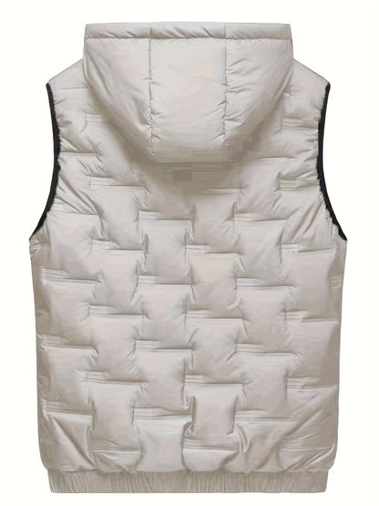Colete térmico com capuz para homem moderno para o outono/inverno, estilo casaco casual sem mangas.