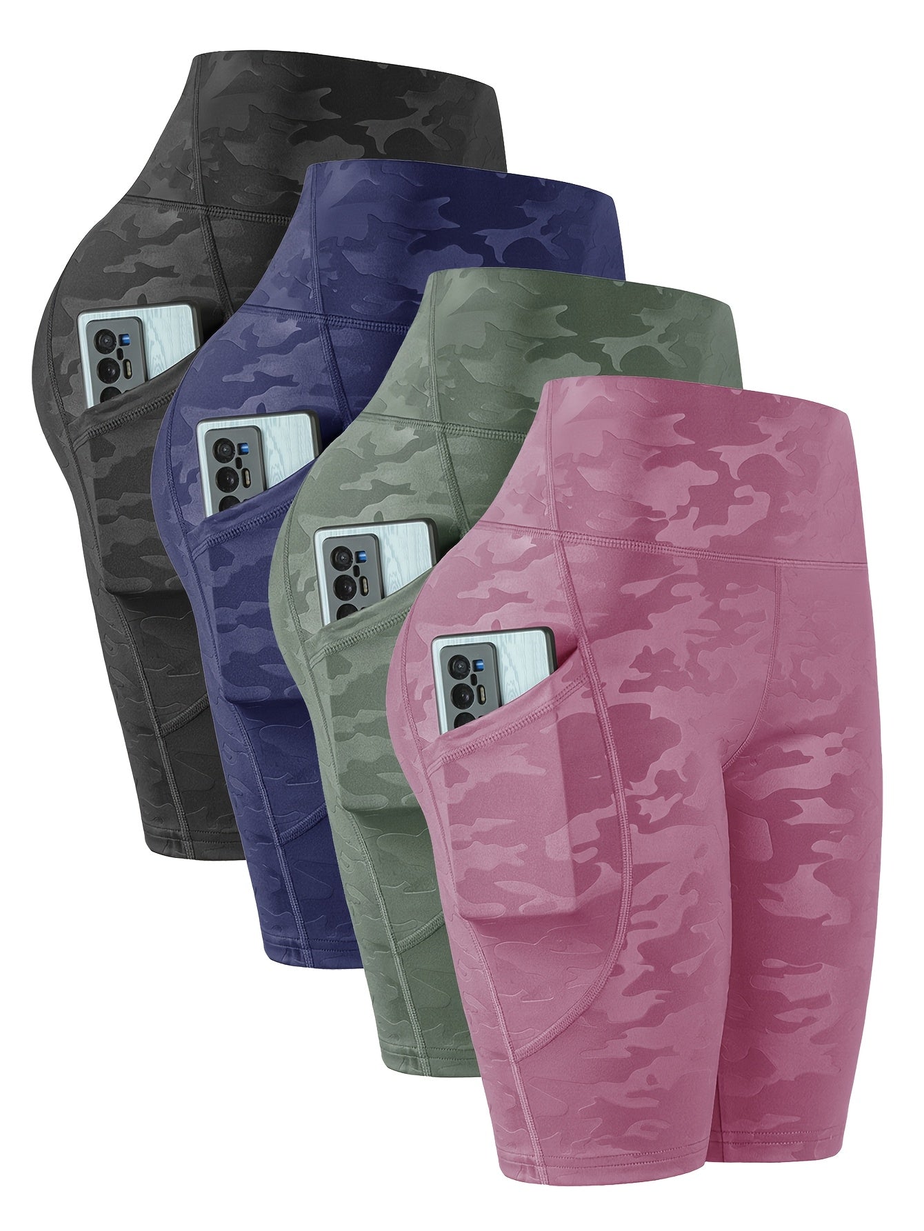 4pcs Women'S High-Waist Camouflage Print Leggings - Stretchy, Breathable Activewear with Pockets for Running, Fitness, Yoga - Spring/Summer/Fall Outdoor Pants, High Waisted Legging
