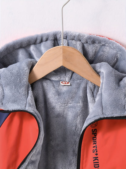 Boys' Casual Hooded Windbreaker Jacket, 100% Polyester, Long Sleeve Raglan Zip-Up Outdoor Coat with Alphabet Pattern, Non-Stretch Fabric, Regular Fit for Fall/Winter - Warm & Windproof