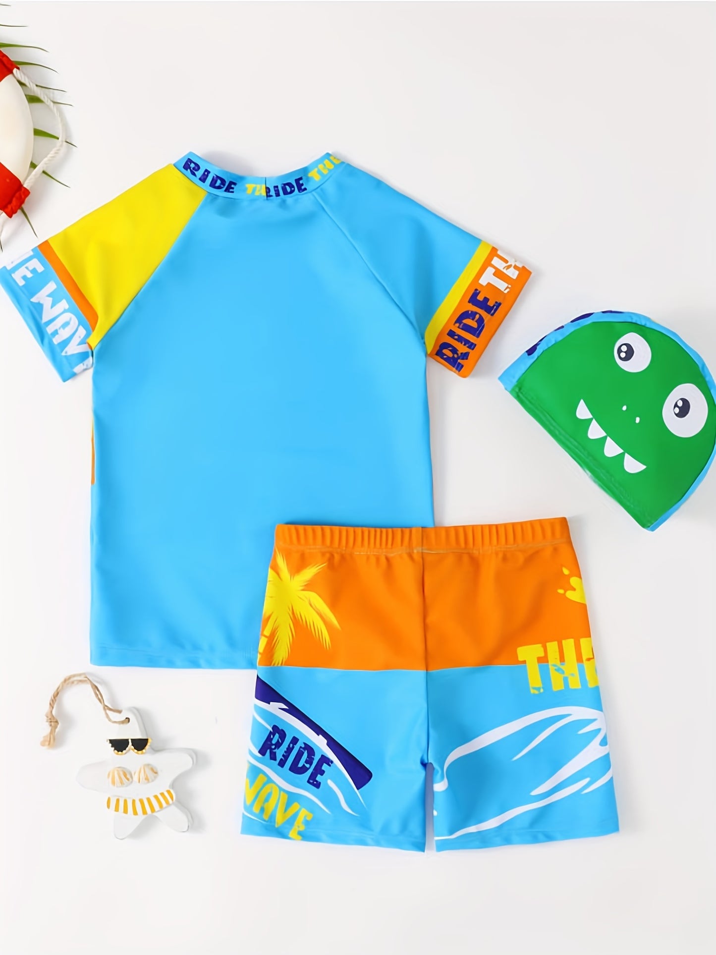 Boys' Dinosaur "Ride the Wave" Swimsuit Set with Matching Cap - Stretchy, Quick-Dry Polyester/Elastane Blend, Crew Neck Top & Shorts for Youngsters - Colorful Cartoon Design, Machine Washable