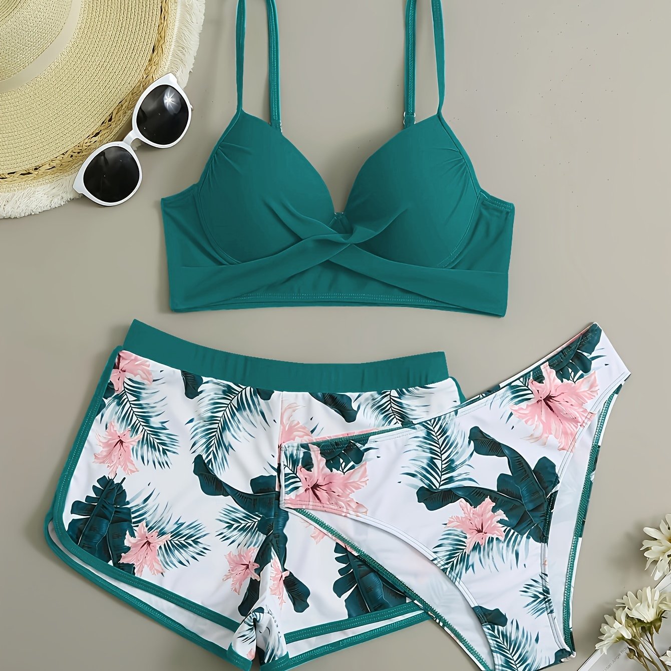 Floral Leaf Print Stretchy 3 Piece Set Swimsuits, Cross Spaghetti Strap Push Up Bikini & Boxer Shorts, Women's Swimwear & Clothing