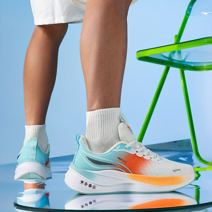 Men's mid-calf running shoes, breathable lightweight carbon plate, striped pattern, suitable for all seasons, lace-up closure, fabric upper and lining, rubber sole, MD outsole, cloth insoles, ideal for casual running, hiking,