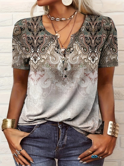Paisley Print Notched Neck T-Shirt, Casual Short Sleeve T-Shirt For Spring & Summer, Women's Clothing