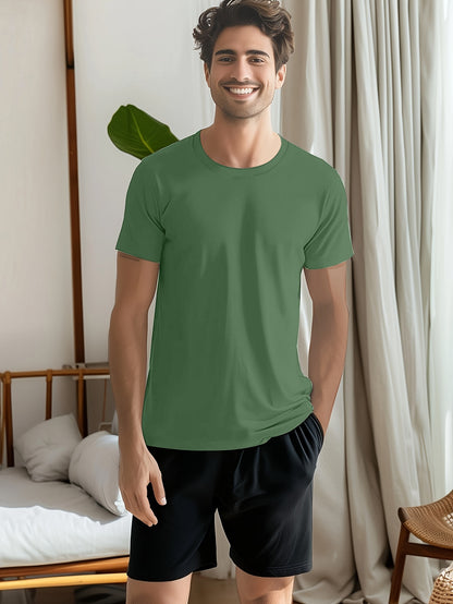 Conjunto de 4 t-shirts casuais para homem de cor sólida, estilo simples, manga curta e gola redonda, ideais para usar em casa, como pijama ou para atividades ao ar livre no verão.