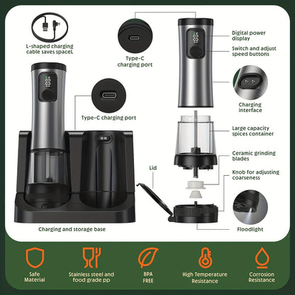 1pc/2pcs Upgraded Electric Pepper Grinder | Rechargeable Salt & Pepper Grinder - Variable Grinding Speed, External Coarseness Adjustment, Dust Cover & LED Light, Perfect for Restaurants, Kitchens, Picnics & Barbecues Christma