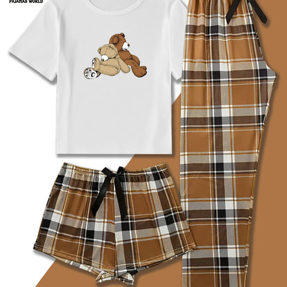 Women'S Casual Cartoon Bear & Plaid Pajama Set - Soft, Loose-Fit Short Sleeve Top with Elastic Waistband, Long Pants & Shorts, Cozy Fall/Winter Sleepwear