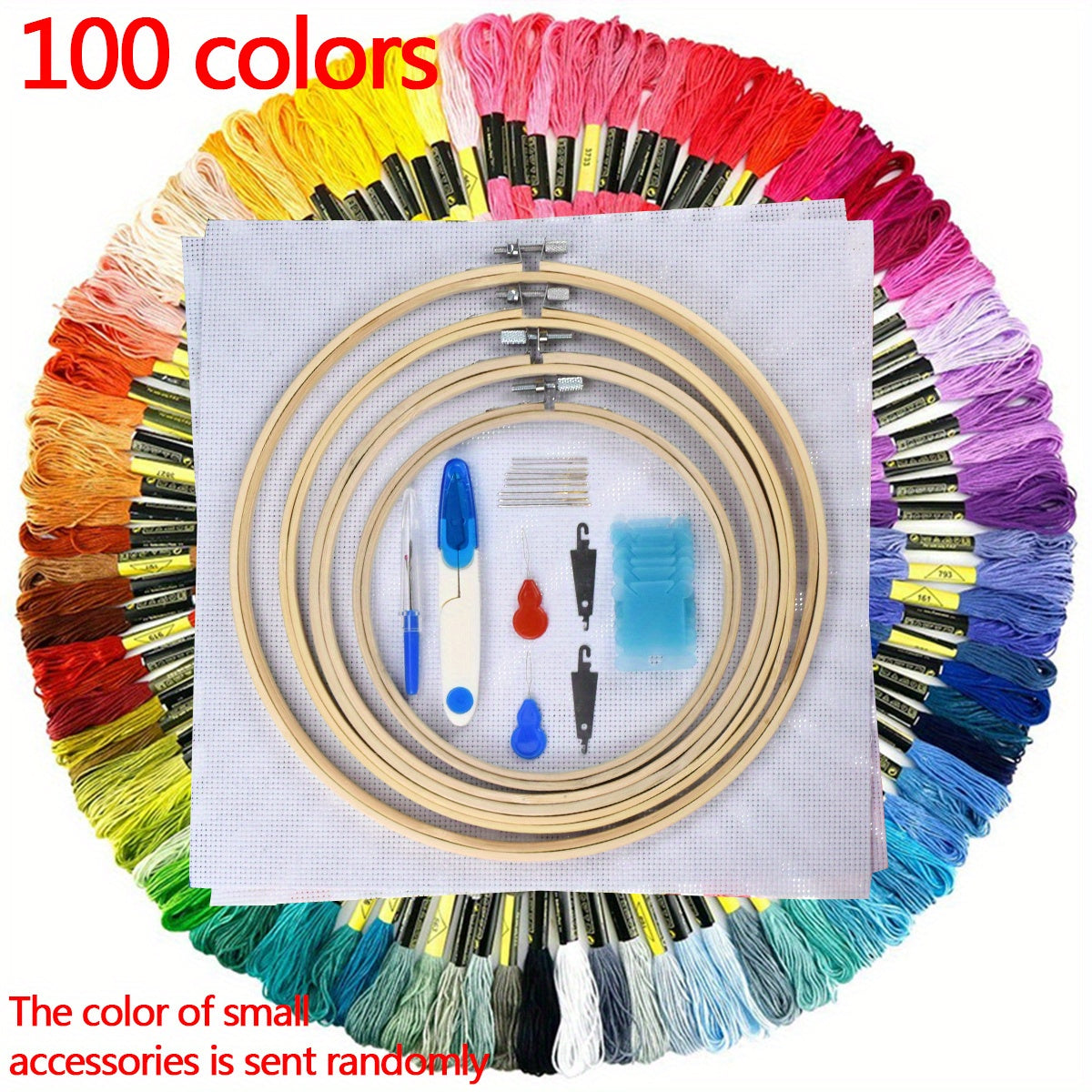 1set Embroidery Kit, 50/100 Colors Threads, 5 Pcs Bamboo Embroidery Hoops And Cross Stitch Tools Set, Hand Embroidery Starter Kit For Beginners Adults