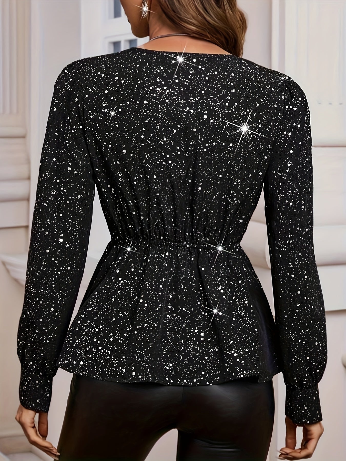 Sequined V-neck Ruffle Hem Top, Elegant Long Sleeve Blouse For Spring & Fall, Women's Clothing
