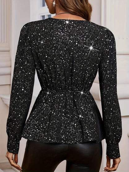 Sequined V-neck Ruffle Hem Top, Elegant Long Sleeve Blouse For Spring & Fall, Women's Clothing