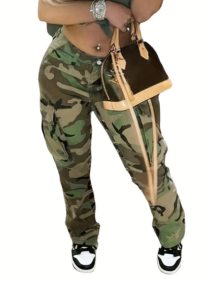 Calças de ganga cargo direitas de cintura subida com estampado camuflado, tecido médio elástico, bolso lateral com pala, cintura subida, calças de ganga femininas e roupa.