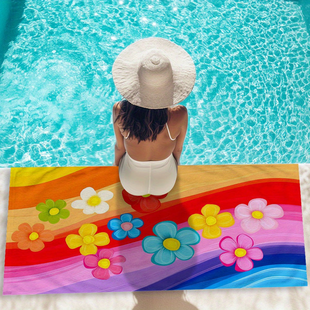 One Extra Large Quick-Dry Beach Towel - Highly Absorbent, Soft, Ideal for Pool, Swimming, Bathing, Traveling & Camping - Floral And Striped Pattern