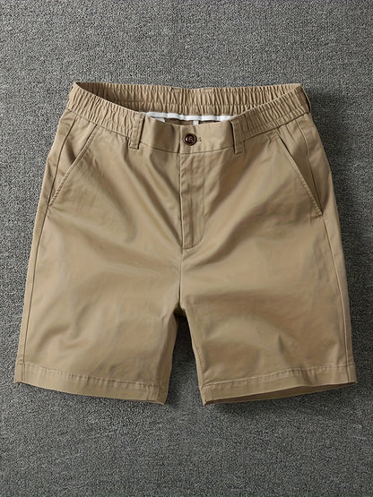Men's Summer Micro-Elastic Casual Shorts - Four-Tenths Length, Olive Green, Mid-Rise Waist, Elastic Waistband, Side Pockets, Lightweight & Breathable for Casual Attire
