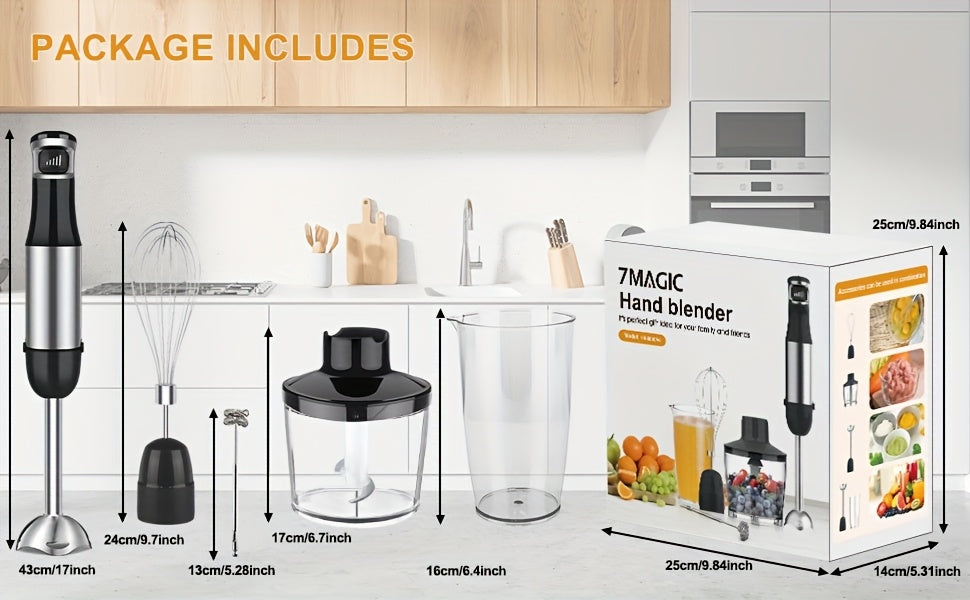 Liquidificador de Imersão Portátil 6 em 1 - Liquidificador em Aço Inoxidável com 5 Velocidades, Processador, Batedor e Espumador de Leite para Carnes, Puré de Batata e Papinhas de Bebé