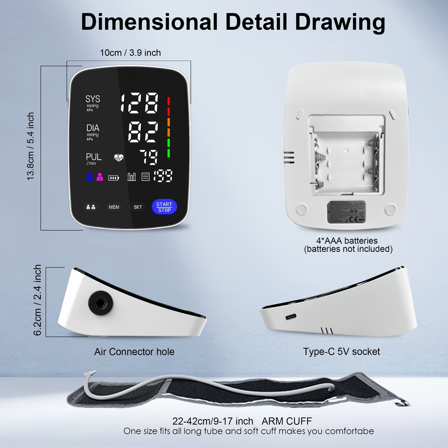 NEW LED High-End Curved Screen Home Precision Sphygmomanometer, 2x199 Memory with 22.1-43.18 cm Blood Pressure CuffAutomatic Upper Arm Cuff Digital Sphygmomanometer with C-Cable for Gifts, Family, Parents, and Friends