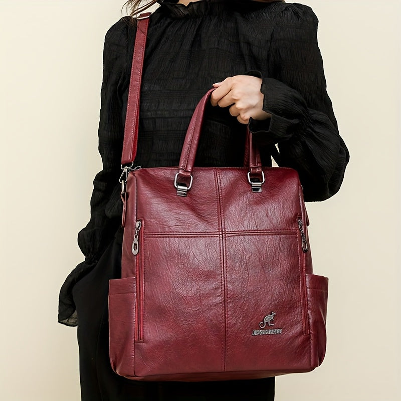 Four One Women's Large Capacity Retro Backpack - Heavy-Duty Nylon Bookbag with Adjustable Shoulder Straps, Golden-Tone Hardware, Front & Back Zipper Pockets, Convertible Crossbody/Backpack for,, Travel (Red, Casual) - (Low