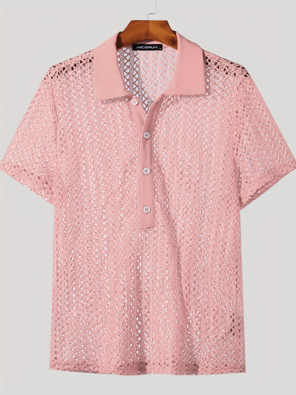 [Popular Choice] Trendy Sheer Mesh Cut-Out Top - Sexy Collared Short Sleeve Shirt in Bright Colors, Polyester, Summer Wear, Short Sleeve, Fas Shirt.hionNova, Sexy Style, Loosen Version, Summer