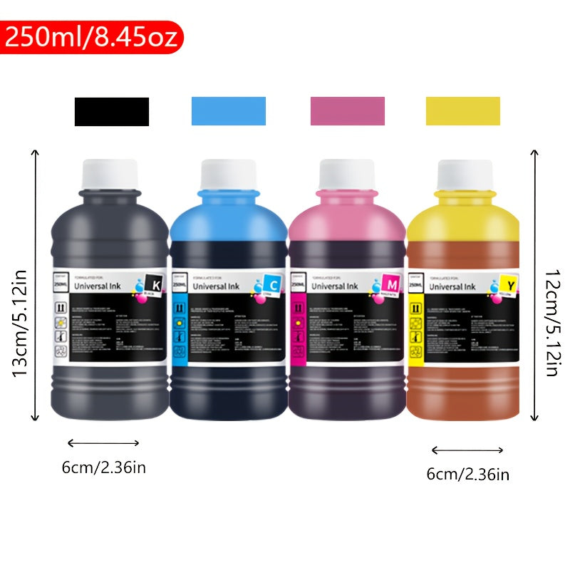 Dye Ink Cartridge Filling for Canon, Epson, HP, and Brother Printers - 250ml/8.45oz Universal Ink Cartridge with 4 Color Options (Black, Blue, Pink, Yellow) for HP 301XL, 302XL, 305XL, 304XL, PG-545, CL-546, 245, 246, 745 - H