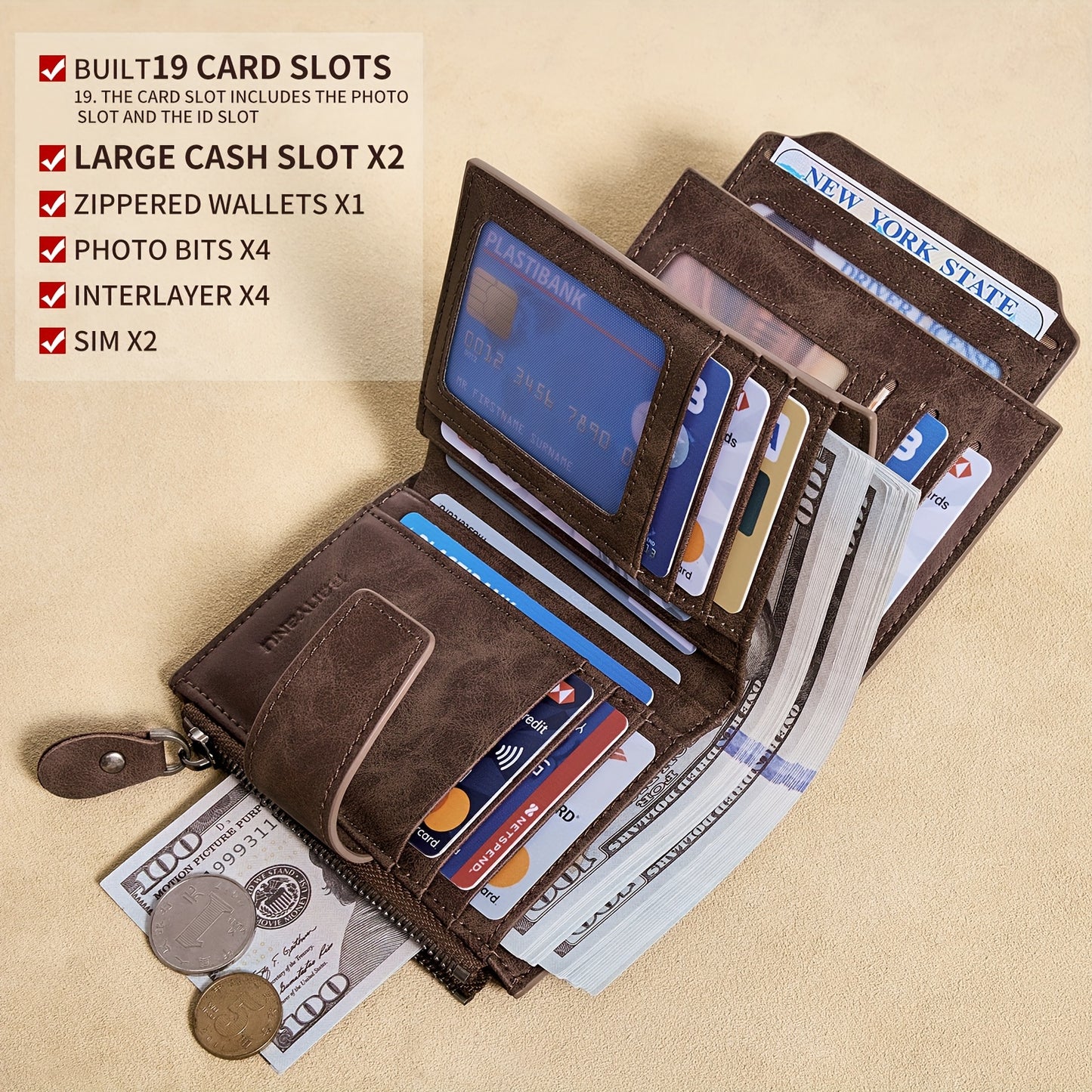 BANYANU Vintage Genuine Leather Wallet for Men - RFID Blocking, 17 Card Slots, Zippered Coin Pocket & Independent Card Holder, Brown, Perfect Father'S Day Gift, Secure Card Storage | Vintage Wallet | Durable Zipper Closure, B