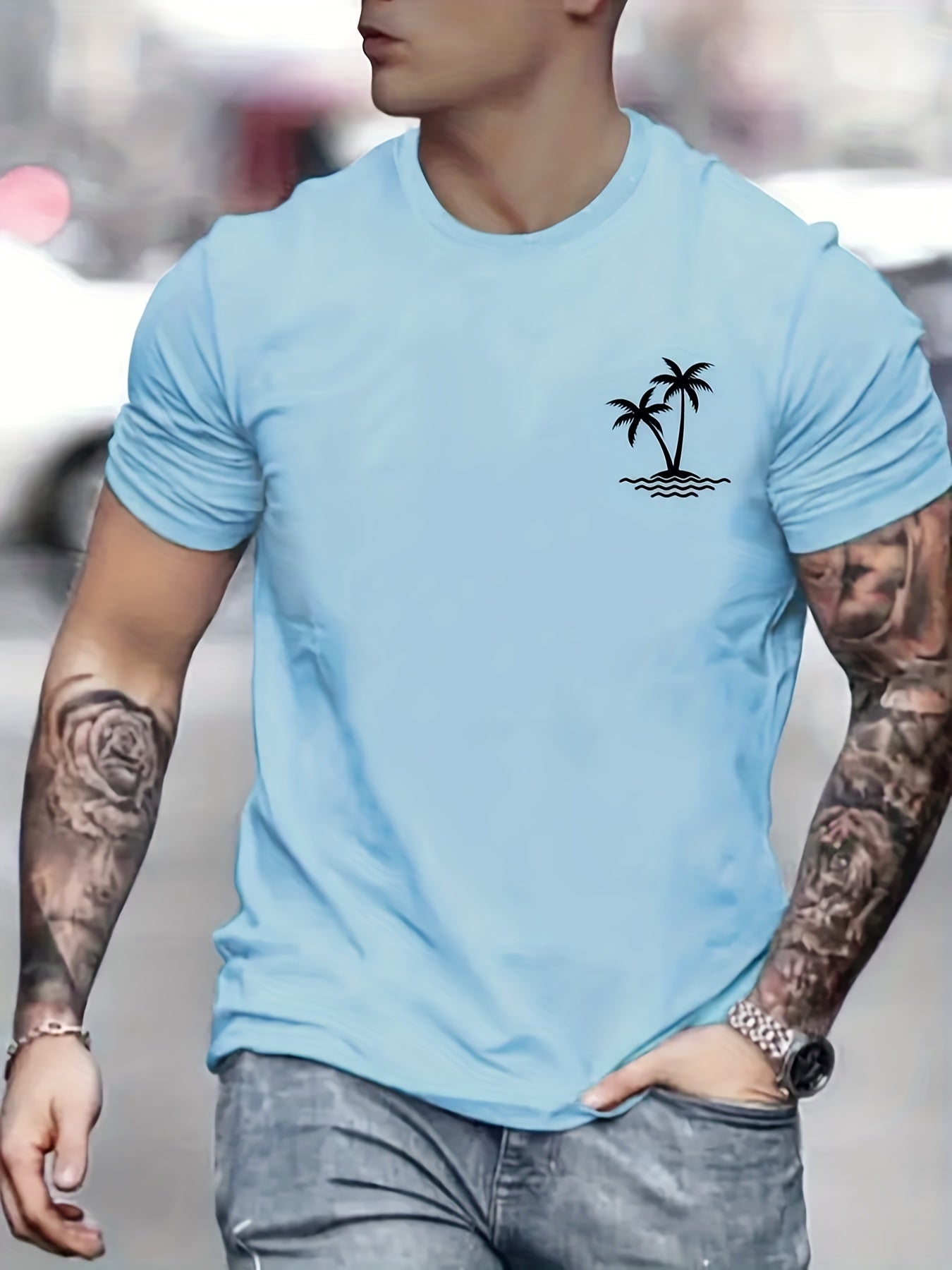 Sketch Style Palm Tree Pattern Top Casual Mid Stretch Short Sleeve Crew Neck Graphic T-shirt, Men's Tee For Summer Outdoor