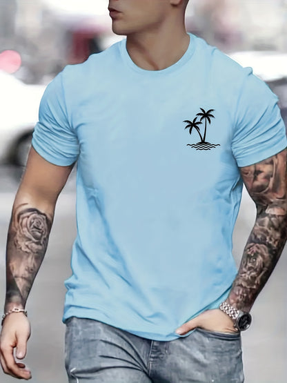 Sketch Style Palm Tree Pattern Top Casual Mid Stretch Short Sleeve Crew Neck Graphic T-shirt, Men's Tee For Summer Outdoor