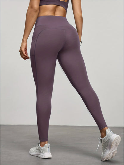 Women's High-Waisted Yoga Leggings with Side Pocket - Full-Length 7/8 Tummy Control Workout Pants, Mauve (Purple-Brown) Solid Color, Breathable Gym Pants for Pilates, & All-Season Wear, Non-Sheer Fitness Bottoms