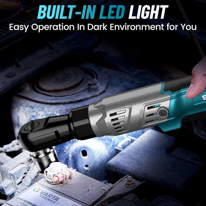 Seesii Cordless Ratchet 3/ 8", 90N.m 200RPM, 200RPM Power Ratchet Wrench 90N.m, 2 x 2.0A Batteries & Charger, Variable Speed Trigger, 8 Sockets, 1/ 4" & 1/ 2" Adapter, 3" Extension Bar