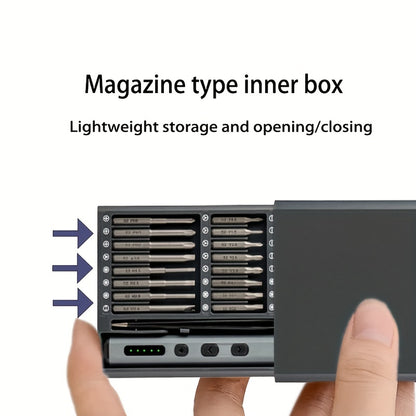 Chave de fendas elétrica 68 em 1 melhorada com 5 níveis de binário (0,1-0,5 Nm), conjunto de precisão com bateria recarregável de 350 mAh e luz LED, ferramenta para reparações domésticas em telemóveis, relógios, câmaras e computadores portáteis.