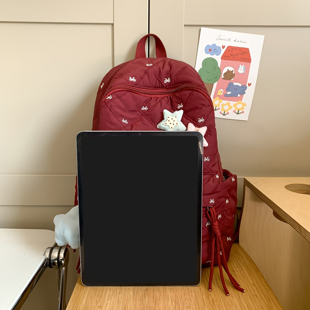 HUOHUO Large Capacity Backpack - Stylish Red & White Quilted Design with Star & Bow Accents, Adjustable Straps, Multiple Compartments, Perfect for School, Commuting, and Everyday Use, Backpack for School, Commuter Bag, Playfu