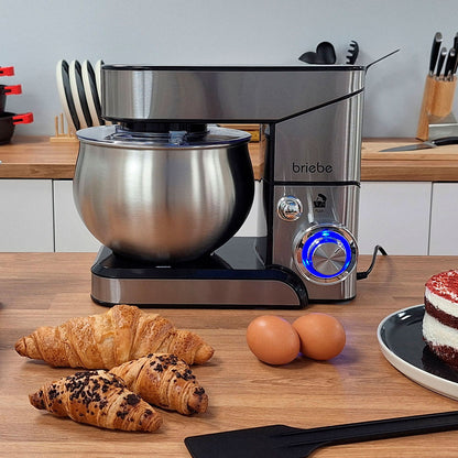 Mixer Kneader Pastry 1800W MAX, Professional Kitchen Robot + Scale, Orbital Movement, Rods, Dough Hook, 5 L Bowl, 6 Speeds + Pulse Function, Stainless Steel KM1114B, Briebe, Stainless Steel