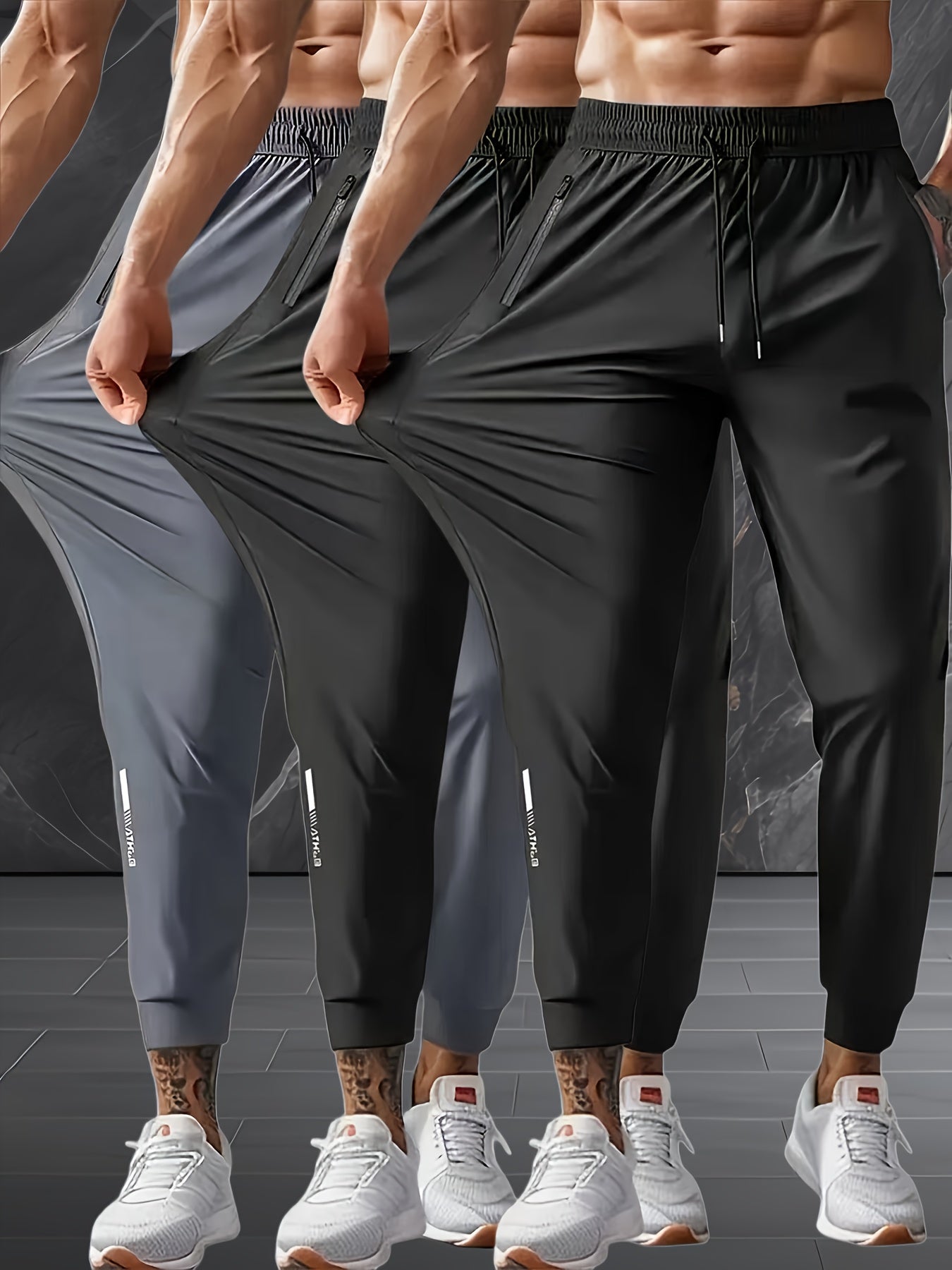 3-Pack Men's Elastic Drawstring Sweatpants - Casual Joggers with Zipper Pockets, Suitable for Gym, Basketball, Camping, Fishing, Beach Running