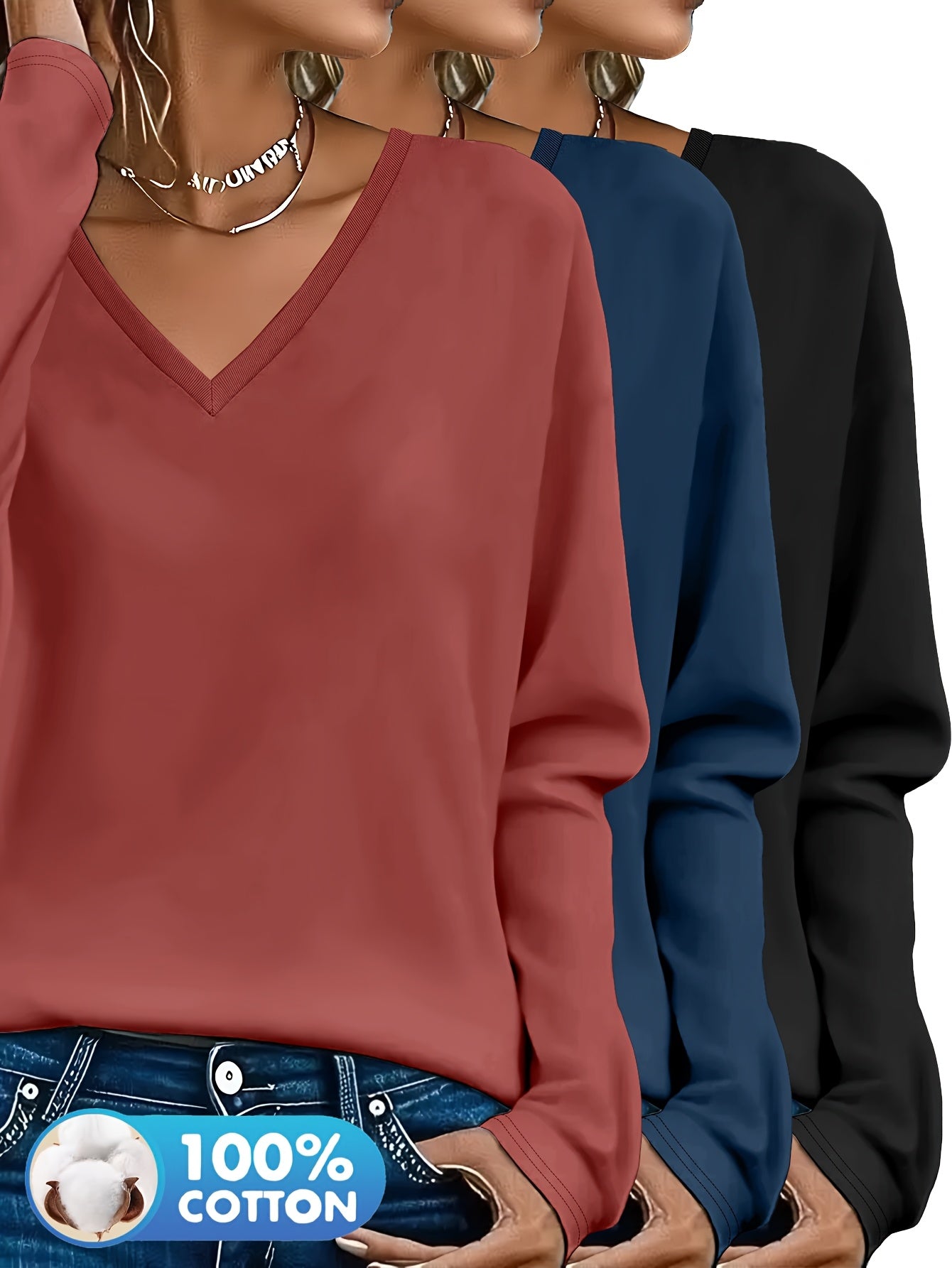 3pcs Women'S 100% V-Neck Long Sleeve T-Shirts - Soft, Durable, and Comfortable Casual Wear for All Seasons, Perfect for Holidays, Graduations, and Everyday Style, Everyday Comfort Wear | Minimalist Style | Soft Fabric Tee