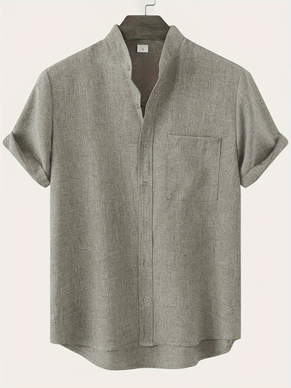 Solid Color Men's Short Sleeve Stand Collar Shirt, Men's Casual Button Up Shirt For Summer Outdoor