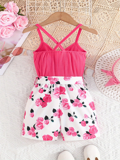 Girls' Summer Casual Floral Print Off-Shoulder Jumpsuit with Adjustable Waist Belt - Lightweight Breathable Shorts for Outdoor Play & Daily Wear, Blue & White Flower Design, Perfect for Weekend Outings, Cute Outfits for Girls