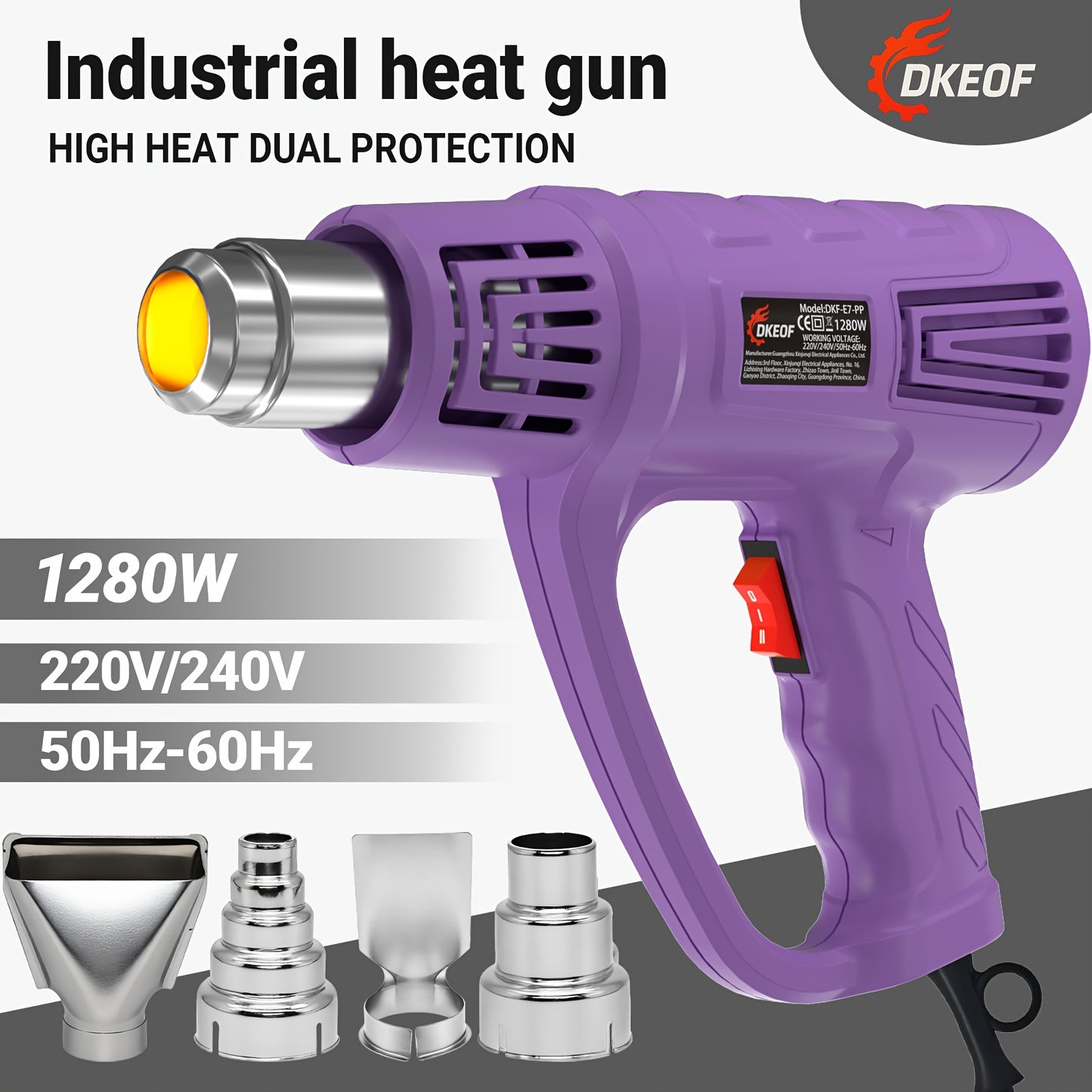 DKEOF Turbo Heat Gun Pro - 1280W High-Power Industrial Heat Gun with 4-Nozzle Kit, 100-600°C Precision Temperature Control, Overheat Protection, Durable Construction, Ergonomic Design, Heavy-Duty Metal Construction for Weldi
