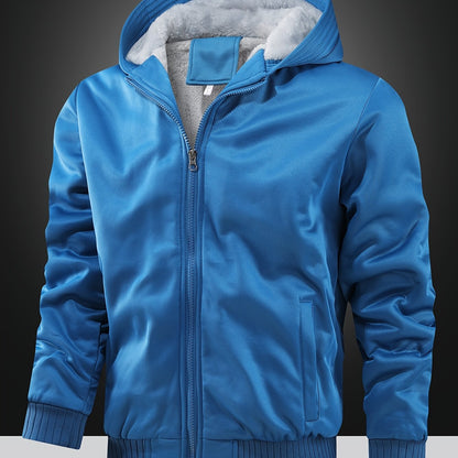 Men's Warm Fleece Hooded Jacket Coat, Warm Thick Zip Up Hoodie For Fall Winter