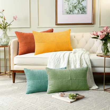 4pcs Bohemian Style Patchwork Textured Gradient Throw Pillow Covers, 30.48cm*50.8cm, 45.72cm*45.72cm, Soft Corduroy Decor Cushion Covers in Green, Orange, Teal, Yellow, Zip Closure, Hand Wash Only, Polyester Fiber, Farmhouse