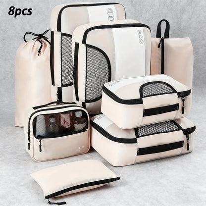 8pcs Compression Packing Cubes Set - Premium Luggage Organizers with See-Through Windows, Space-Saving Travel Storage System with Laundry Bag, Polyester, Zipper Closure, Casual Style, Ideal for Apparel, Travel Accessories|Cas