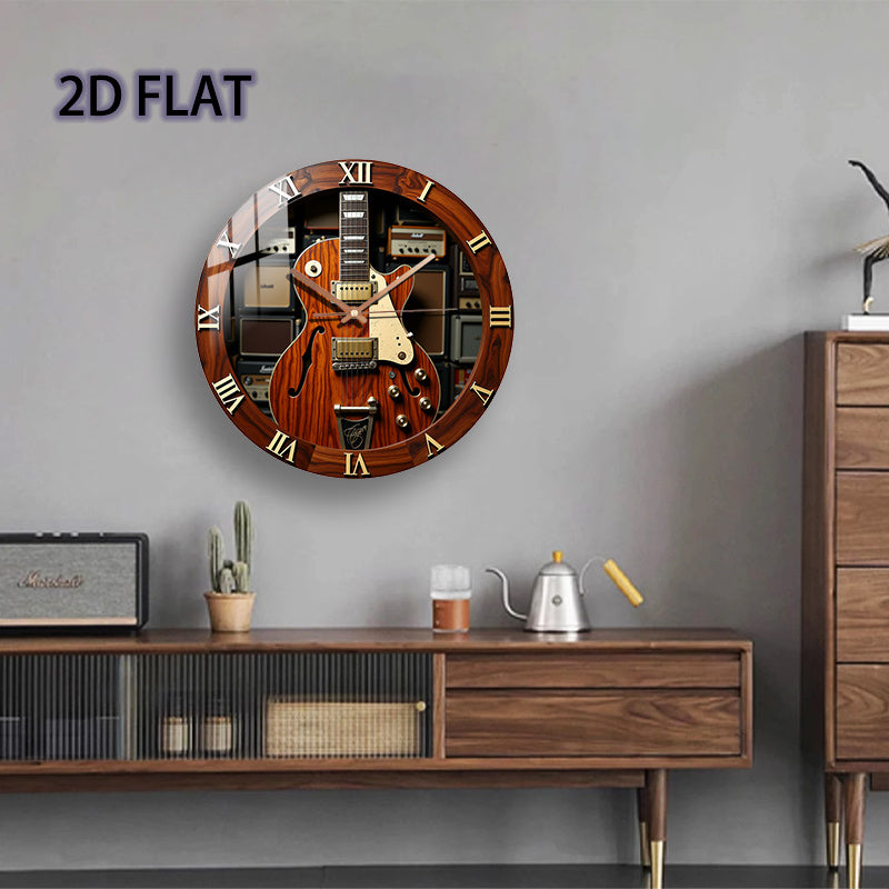 12-Inch Silent Quartz Wall Clock with Electric Guitar Design – Brown Wood Texture, Metal Components, Battery Operated (AA Not Included) – Perfect for Bedroom, Kitchen, Study, or Garage Decor, Clock Wall Decor