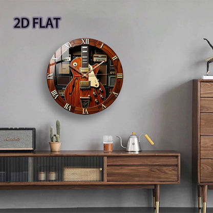 12-Inch Silent Quartz Wall Clock with Electric Guitar Design – Brown Wood Texture, Metal Components, Battery Operated (AA Not Included) – Perfect for Bedroom, Kitchen, Study, or Garage Decor, Clock Wall Decor