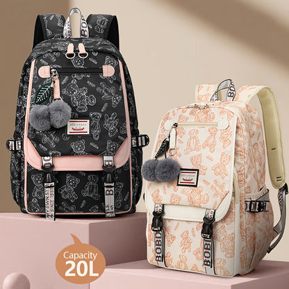 A set of youth vintage printed fashion backpacks, suitable for girls' campus commuting, travel backpack with a capacity of about 25 liters (height about 46cm), can hold a laptop, and the print position is random