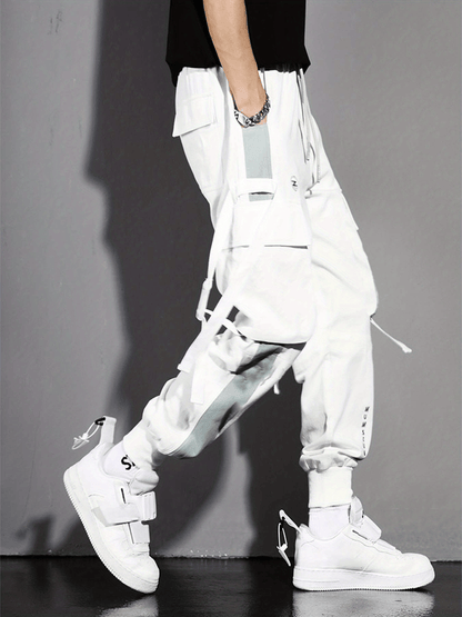 Multi-pocket Ribbon Design, Men's Color Block Cargo, Trendy Comfy Jogger Pants