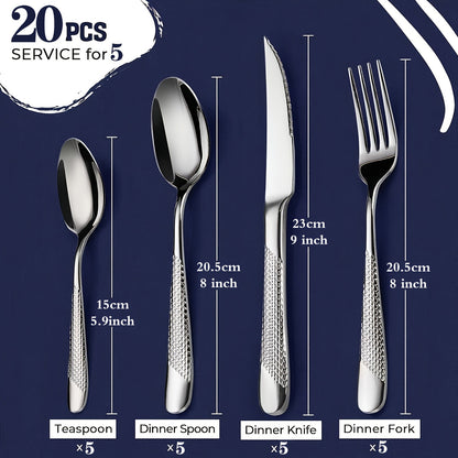 20/40pcs silverware cutlery set, hammer textured handle, durable cutlery including spoons, forks, knives, mirror polished high-quality stainless steel, dishwasher safe, suitable for home kitchens, restaurants, hotels, parties